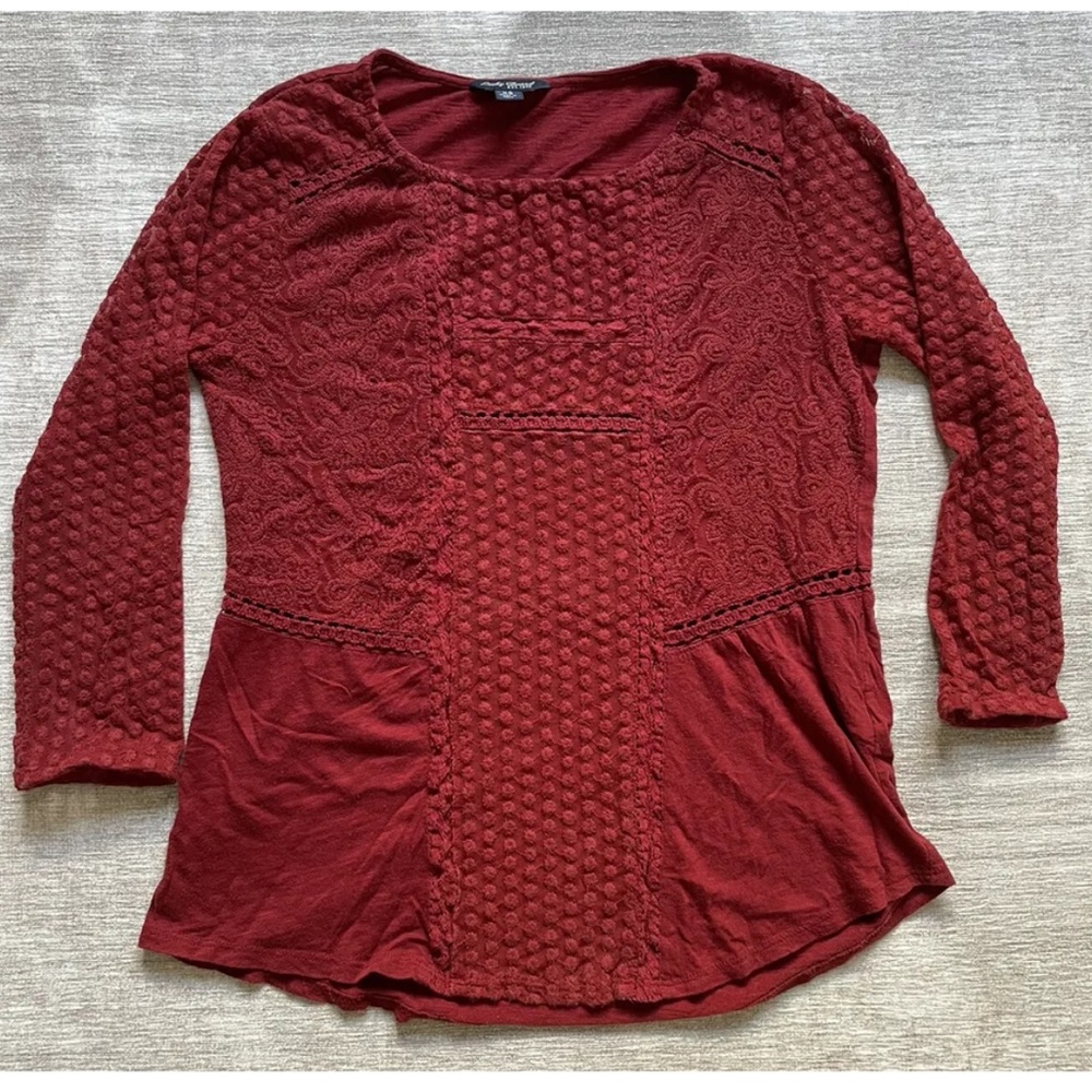 Lucky Brand Women’s XS Red Blouse Top Red W/ See-through Lace